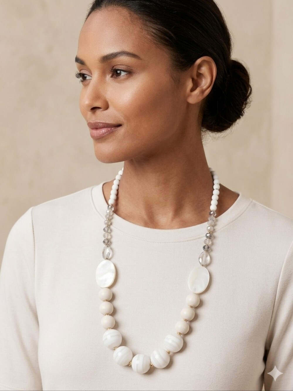 White Chunky Wood Shell Acrylic Bead 28" Long Necklace Gold